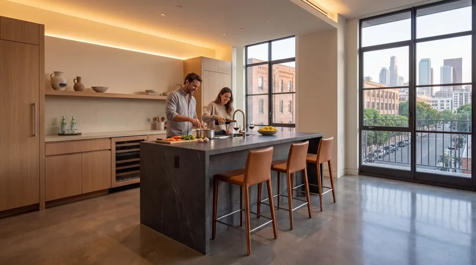 A waterfall-island kitchen