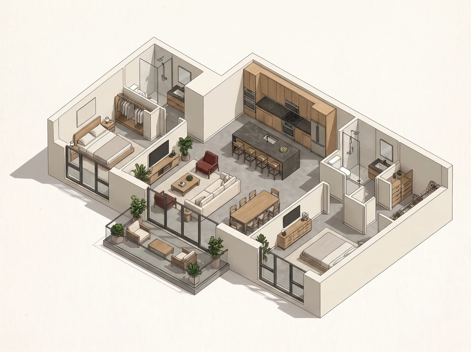 3D floor plan of The Hover: 2 bedroom, 2 bath, about 1150 square feet