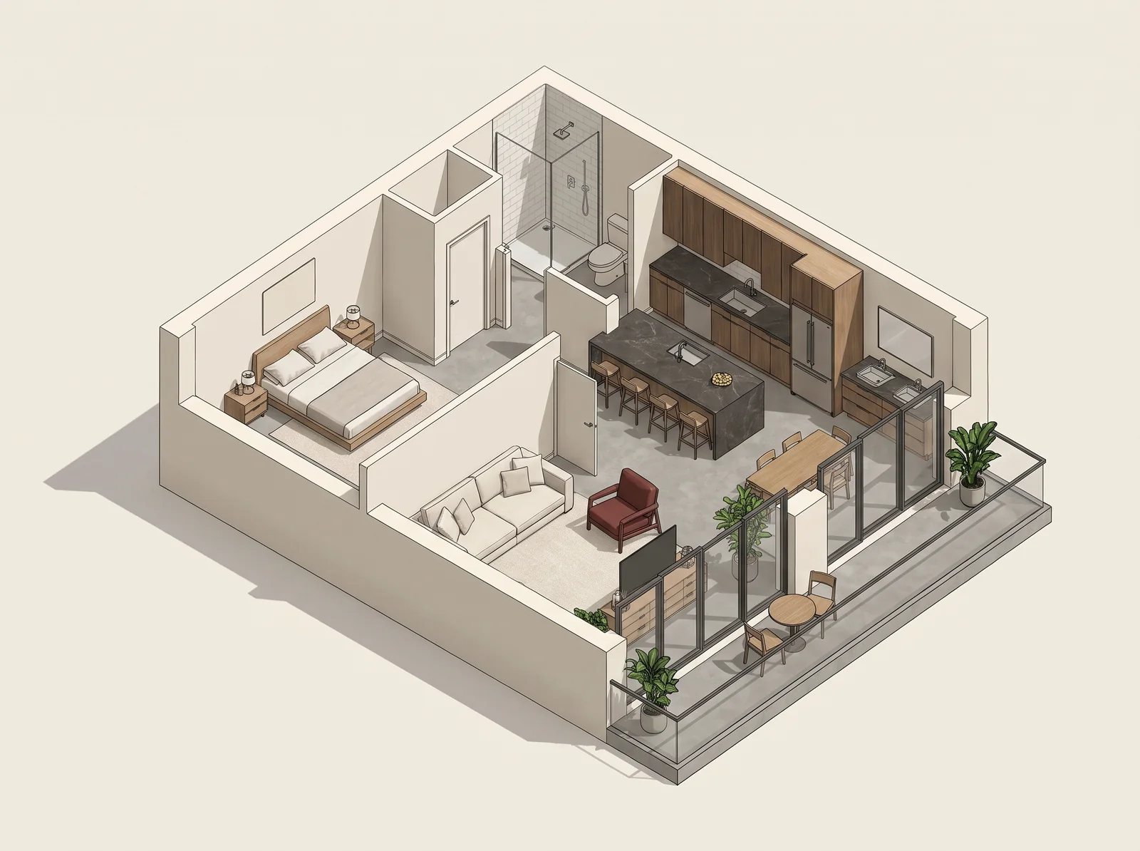 3D floor plan of The Perch: Studioroom, 1 bath, about 520 square feet